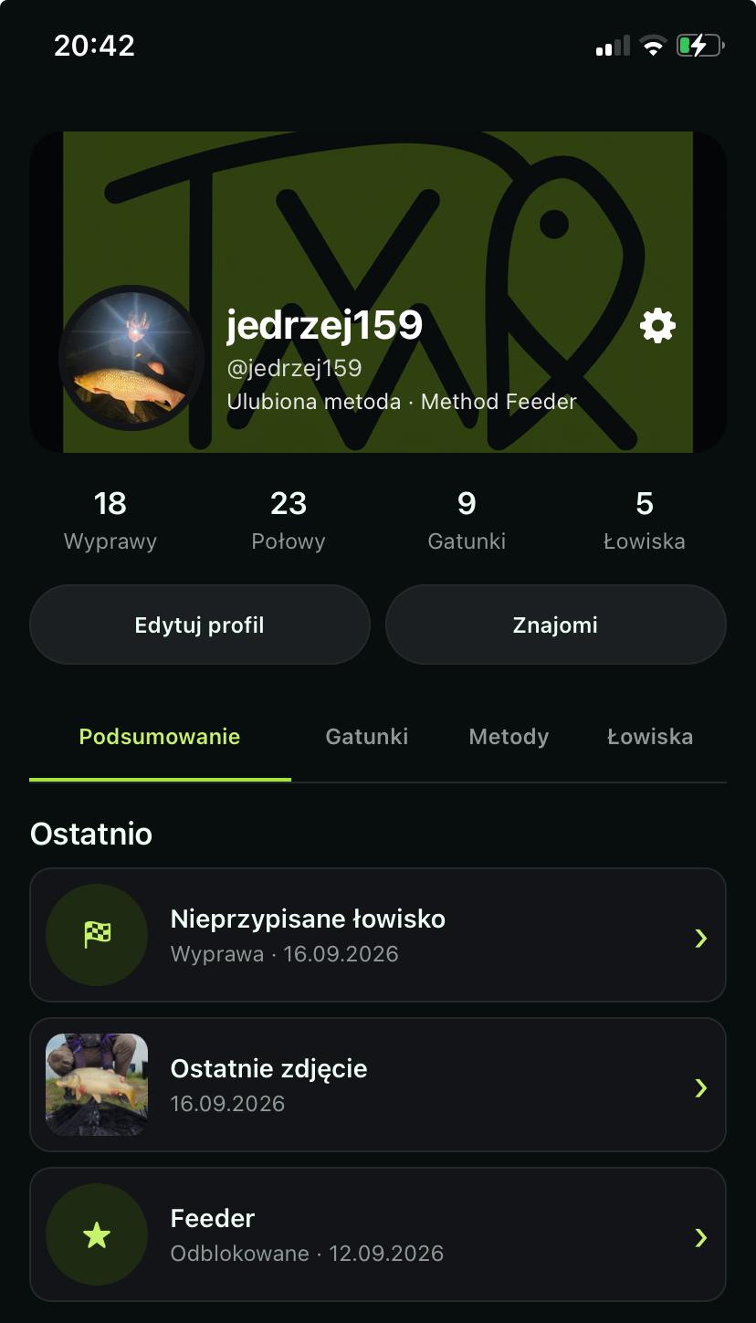 Ostatnia aktywność w profilu wędkarza w aplikacji Taaaka Ryba