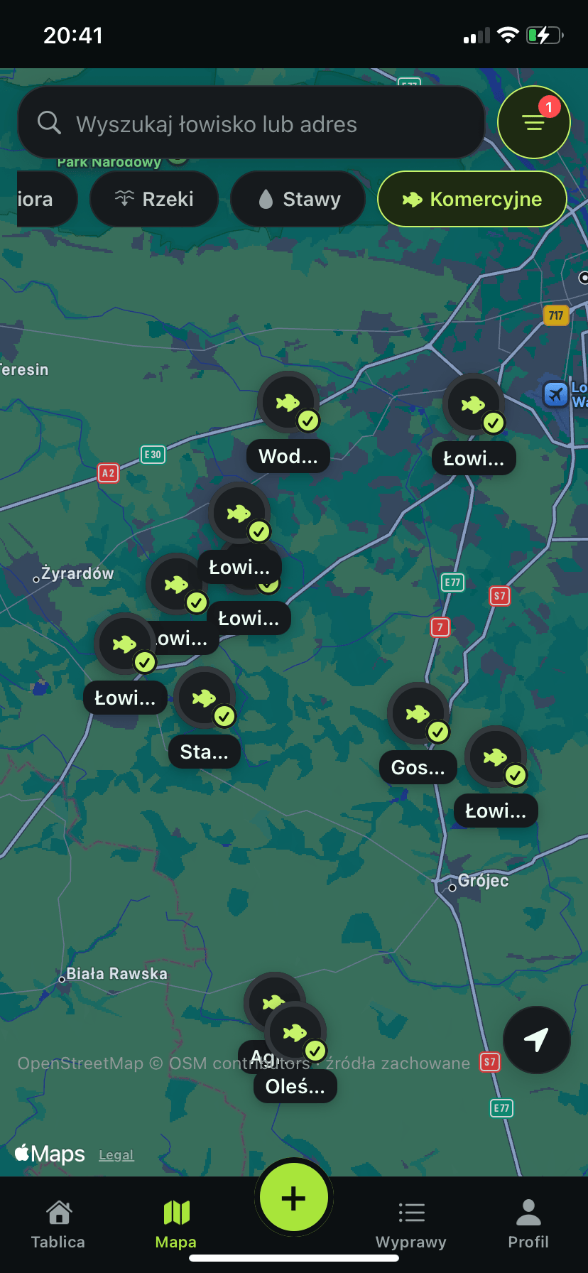 Mapa komercyjnych łowisk w aplikacji Taaaka Ryba